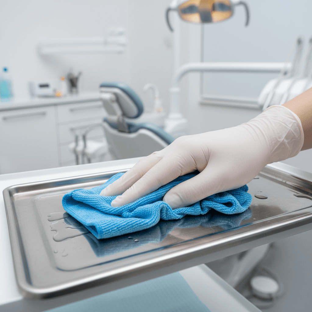 Healthcare cleaning specialist sanitizing dental operatory surface