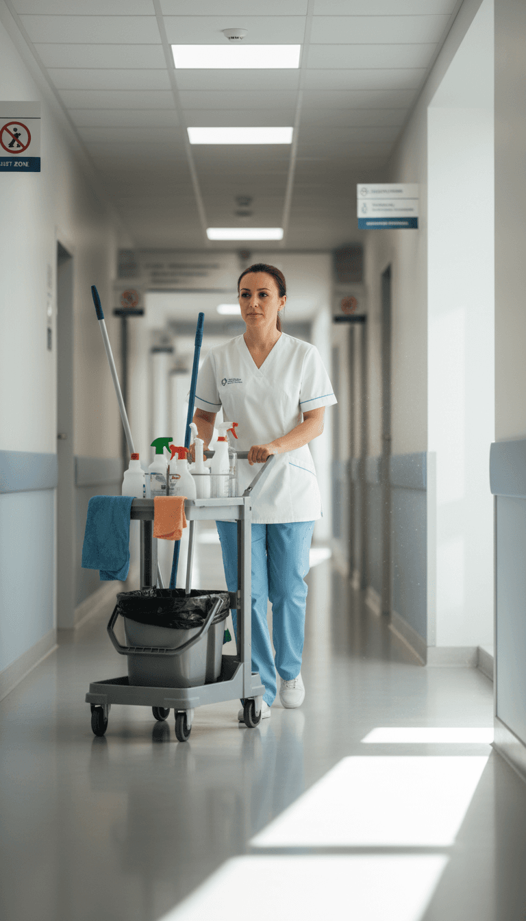 Medical facility cleaning professional with sanitization equipment and supplies