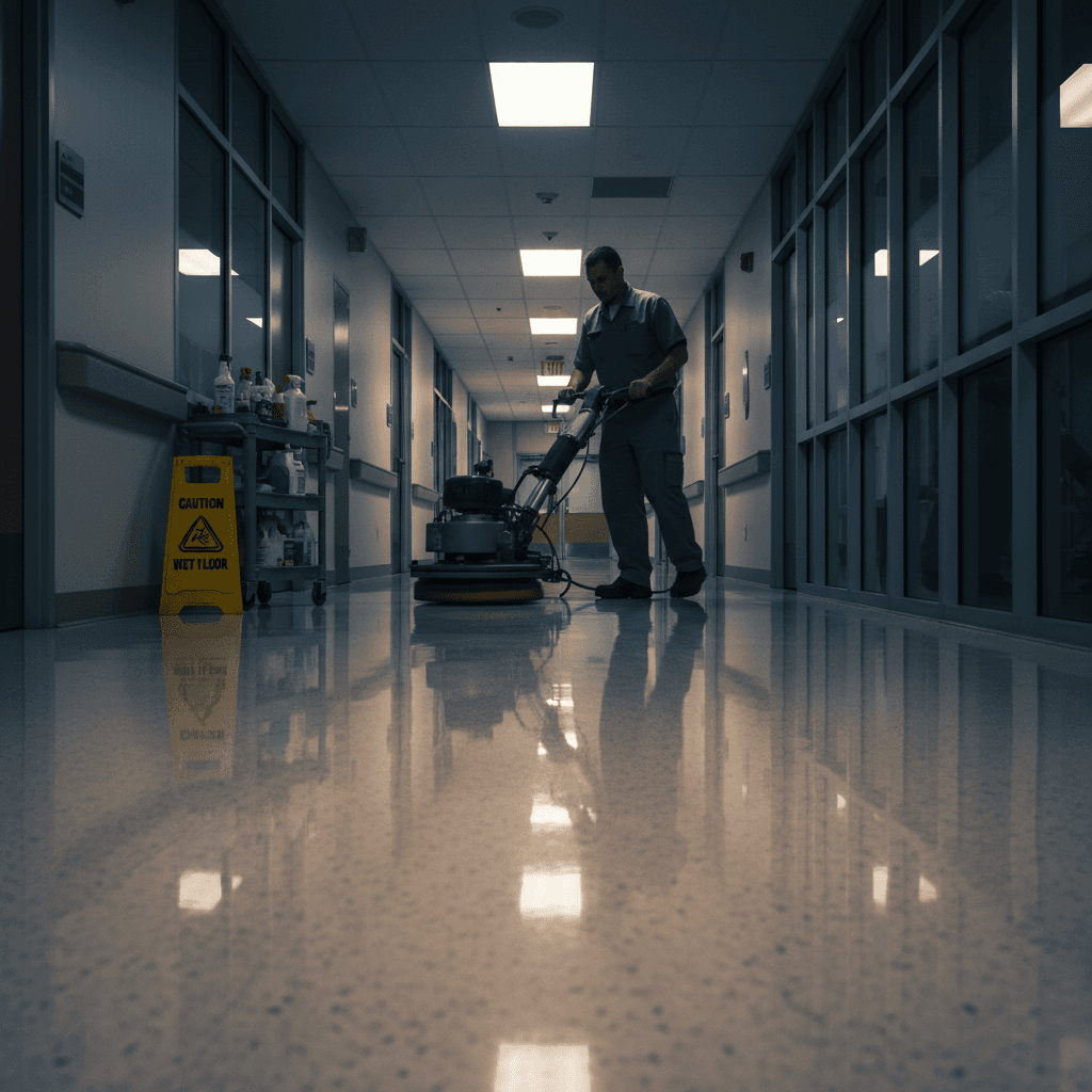 Medical facility floor being polished and maintained