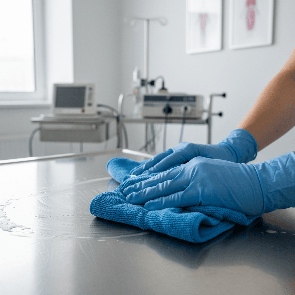 Healthcare worker sanitizing medical surface with precision